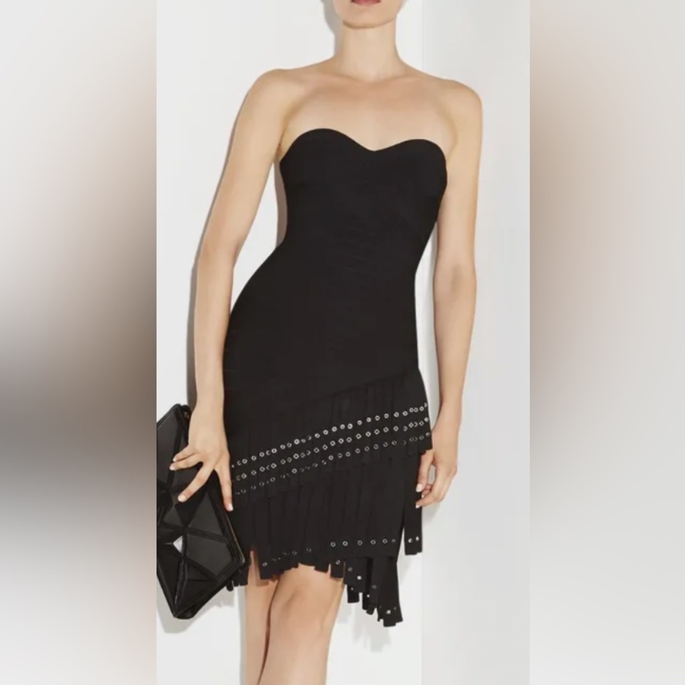 HERVE LEGER BLACK BELINA ASYMMETRIC FRINGE METAL EYELET SCULPTING DRESS S